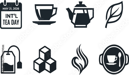 Collection of simple icons representing tea and related items for International Tea Day.
