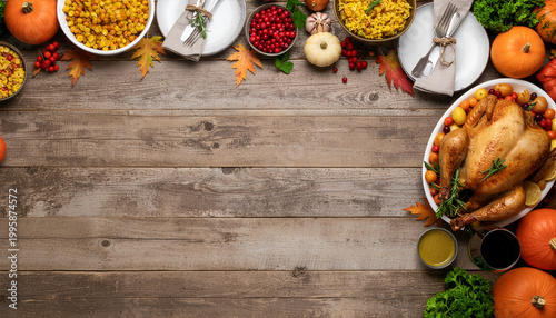 Autumn Thanksgiving feast with roasted turkey and seasonal sides on rustic wooden table background.