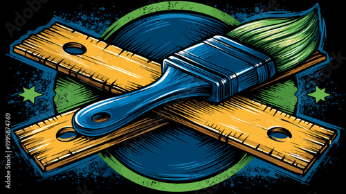A blue paintbrush crosses two yellow rulers, on a dark backdrop with green accents