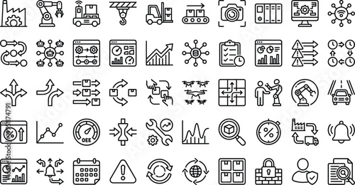 Industrial automation manufacturing line icon set with robotics production logistics analytics workflow editable outline vector collection for factory systems