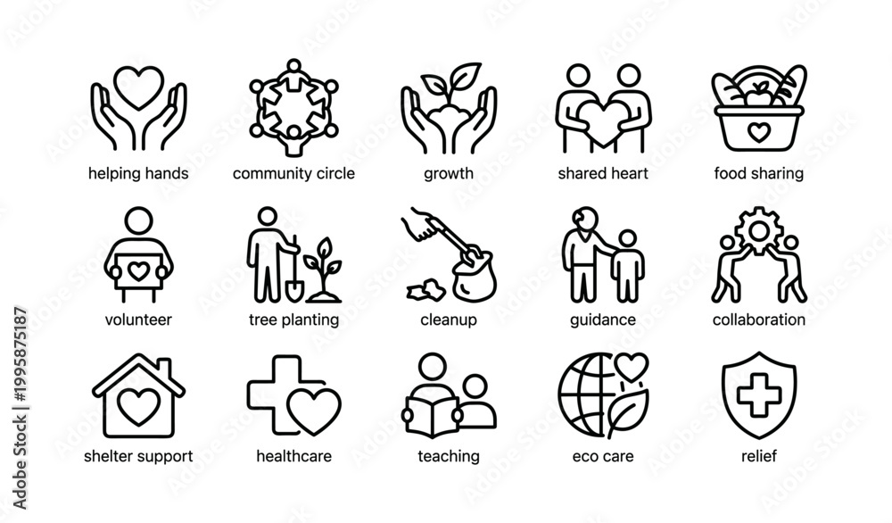 Fototapeta premium Charity and volunteer icons showing community care and support grid