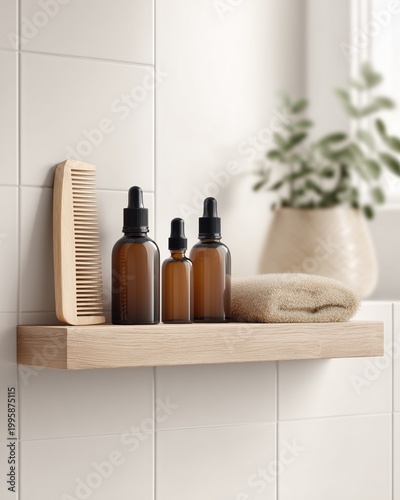 Minimalist bathroom shelf featuring men's skincare product, beard oil, wooden comb, and soft towel. Clean white tile, natural light, organized aesthetic, care concept