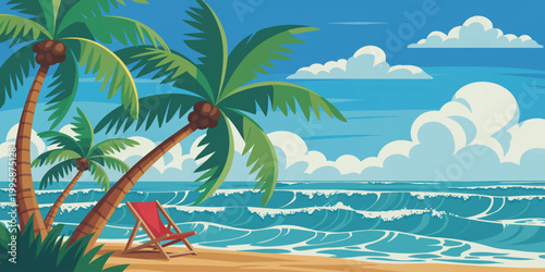 tropical beach with palm trees and sunny ocean paradise illustration