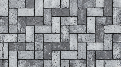 White brick wall seamless texture background.. Grayscale stone brick paver pattern with rectangular blocks in a herringbone design on a flat surface