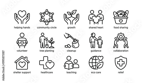 Charity and volunteer icons showing community care and support grid