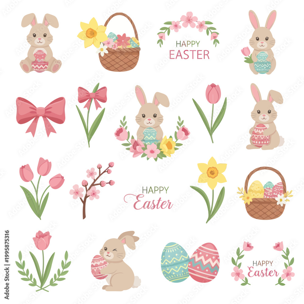 Fototapeta premium Cute Easter Bunnies, Eggs, Flowers & Baskets - Spring Holiday Vector Collection