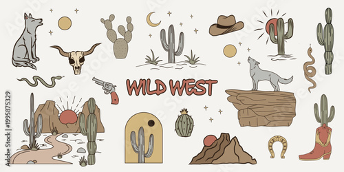 Wild west  icons set. Hand drawn Western elements with cacti, sunset landscape, coyote howling at the moon, snake, horseshoe, cowboy hat and boot