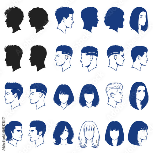 Diverse Hairstyles Silhouette and Line Art Collection