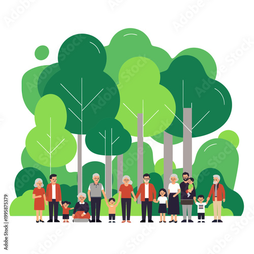 Diverse multigenerational family in stylized green forest, celebrating unity and nature