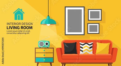 Modern Living Room Interior Design Flat Illustration with Orange Sofa and Artwork
