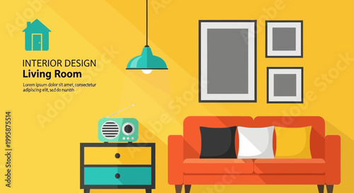 Flat Design Living Room Interior with Orange Sofa, Radio, and Pictures