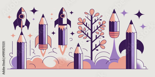 Pencil skyline vector illustration with beauty cosmetics and fashion accessories elements