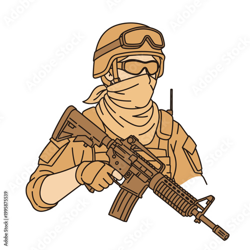 Soldier with Rifle, Military Uniform, Tactical Gear, Combat Ready, Vector Illustration
