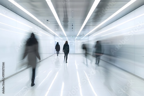 Geschäftsperson steht ruhig im hellen Korridor während verschwommene Menschen vorbeigehen Fokus im Arbeitsumfeld