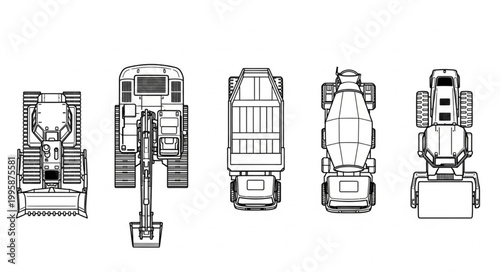 Top view line drawing of construction vehicles.
