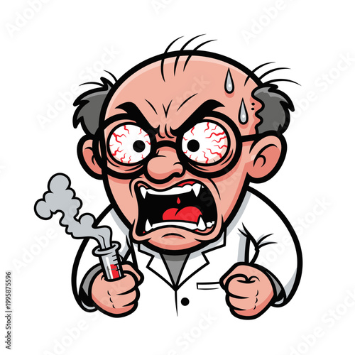 Angry Mad Scientist Cartoon Character with Red Eyes and Test Tube