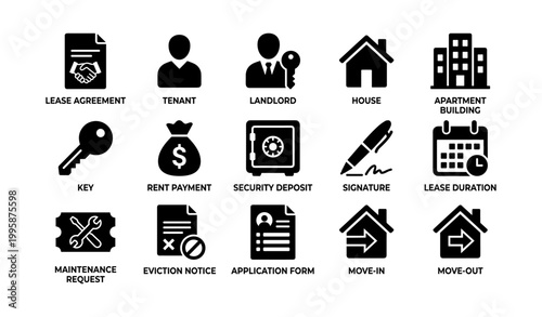 Real estate and lease icons arranged in grid on white background