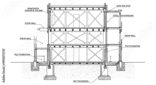 A detailed cross-section of a multi-story building structure with various seismic and structural components labeled.