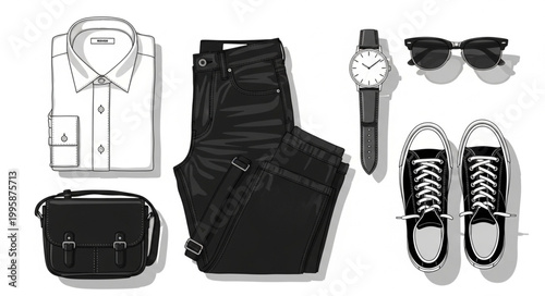Flat lay of mens casual outfit with accessories and clothing.