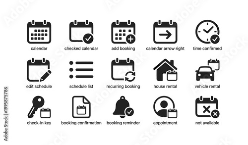 Scheduling and booking icons arranged with labels on white background