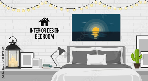 Modern Bedroom Interior Design with Sunset Artwork and String Lights