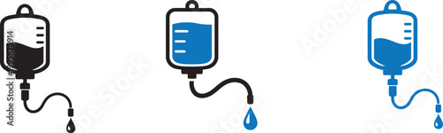 Single infusion icon set IV bag blood bag medical drip silhouette outline vector illustration.