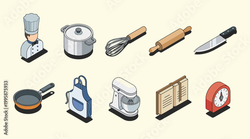 Isometric Illustration of Chef Avatar and Assorted Kitchen Utensils and Cookware Set