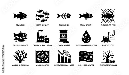 Marine life pollution icons illustrating effects in grid layout
