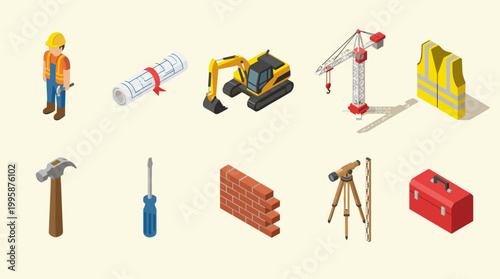 Isometric Construction Icons: Worker Equipment and Tools for Building Projects
