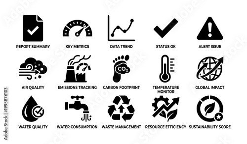 Sustainability metrics icons displaying environmental indicators