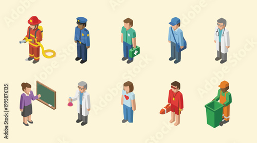 Isometric icons portray diverse professionals in various essential service roles