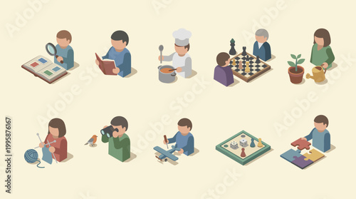 Isometric Illustration of People Enjoying Hobbies and Leisure Activities at Home