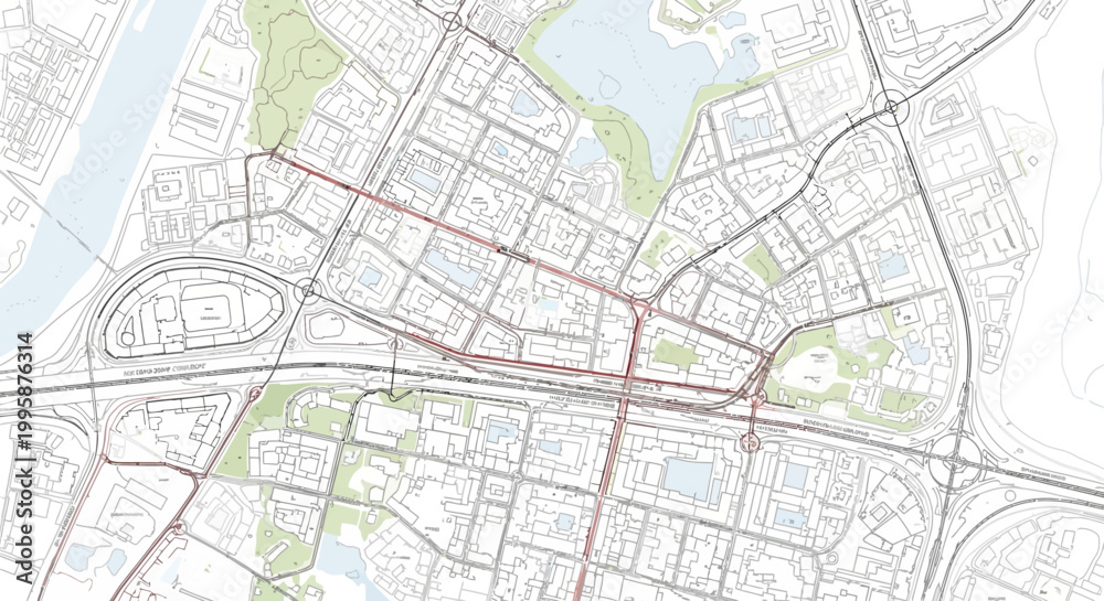 Naklejka premium A detailed urban planning map showing streets, blocks, green spaces, and infrastructure development.