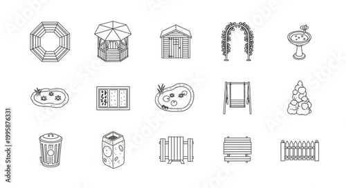 Collection of Hand Drawn Garden Structures and Elements.