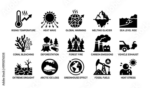 Climate change icons depicting warming impacts and hazards in grid