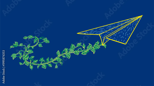 A paper airplane with a vine trailing, leaves in green and yellow, all on a blue backdrop