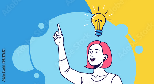 Woman with Pink Hair Has a Bright Idea, Lightbulb Above Head, Innovation Concept