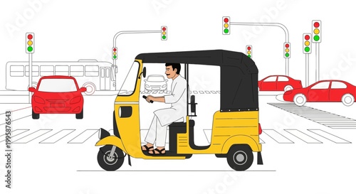 Yellow auto-rickshaw driving through a busy city intersection with traffic lights