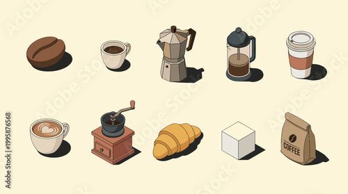 Isometric Illustration of Coffee and Breakfast Items on a Cream Background