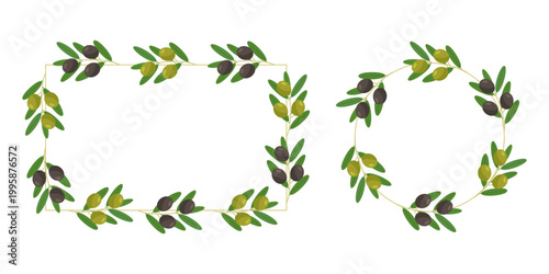 Set of olive branch wreaths and frames. Features green and black olives. Ideal for Mediterranean food labels, oil packaging, and nature inspired invitation designs. Vector 