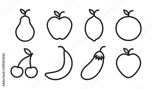 Fruit linear shape icon set. Grocery food symbol collection. Pear, apple and lemon logo art. Cherry, peach, banana and eggplant icons. Vector illustration image.