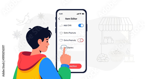 Young man customizing food order on a mobile app at a street food stall