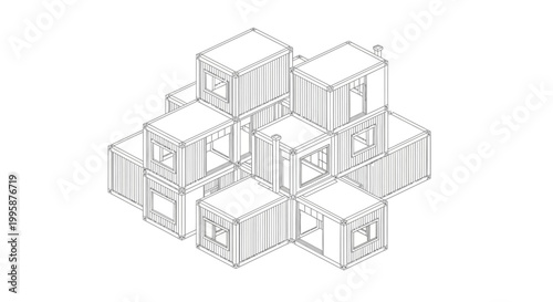 Isometric line drawing of stacked shipping containers forming a modular architectural structure.