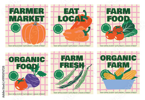 Set of six square banners for Farmer market or organic farm. Design with fresh vegetables pumpkin, peppers, tomatoes, corn and text on tablecloth.