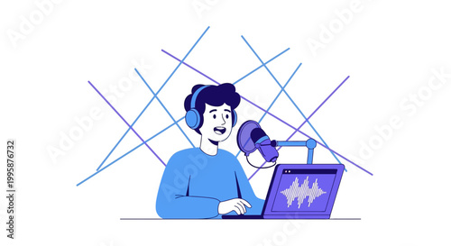 Young man with headphones recording audio with microphone and laptop, podcasting concept