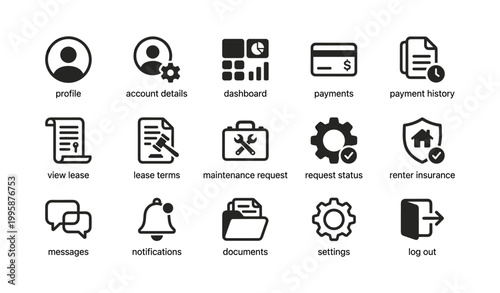 Account and tenant interface icons arranged in grid on white