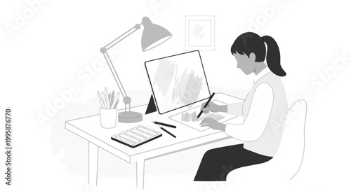 Young woman drawing on a tablet at a desk with a lamp and art supplies