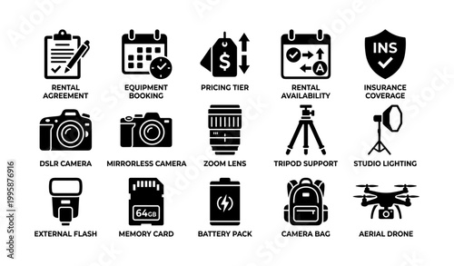 Camera and rental equipment icons showing services on white background
