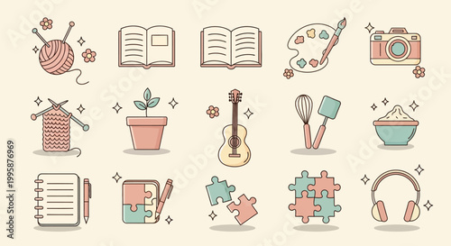 A collection of charming, pastel-colored icons representing various hobbies and creative pursuits, including knitting, reading, painting, photography, gardening, music, cooking, and puzzles.