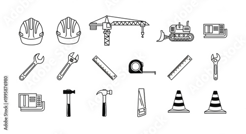 Construction tools and equipment set hand drawn sketch.